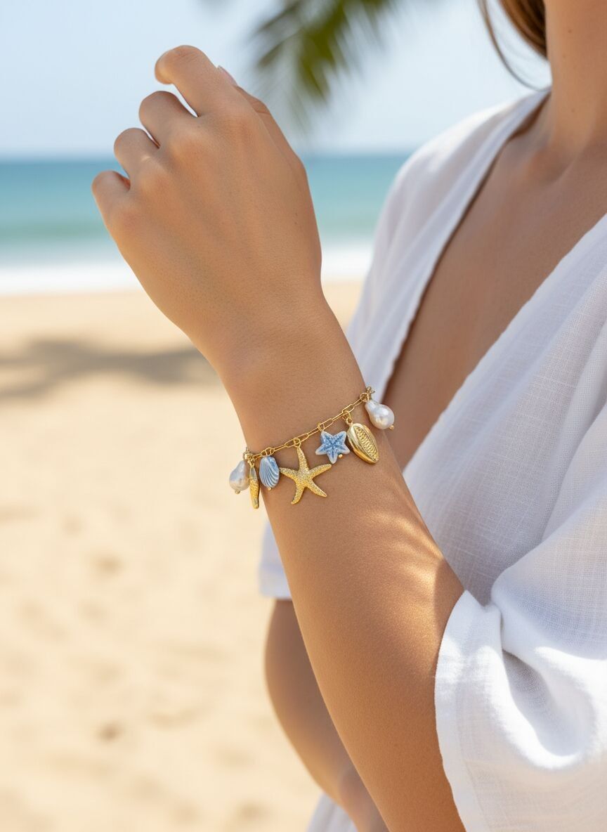 Thin gold chain bracelet with pastel blue charms