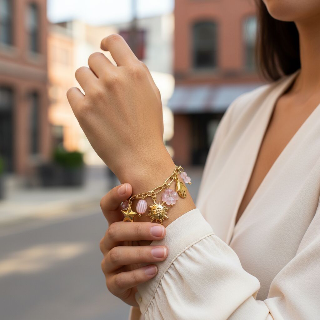 Gold-tone oval link bracelet adorned with celestial charms and a pink four-leaf clover