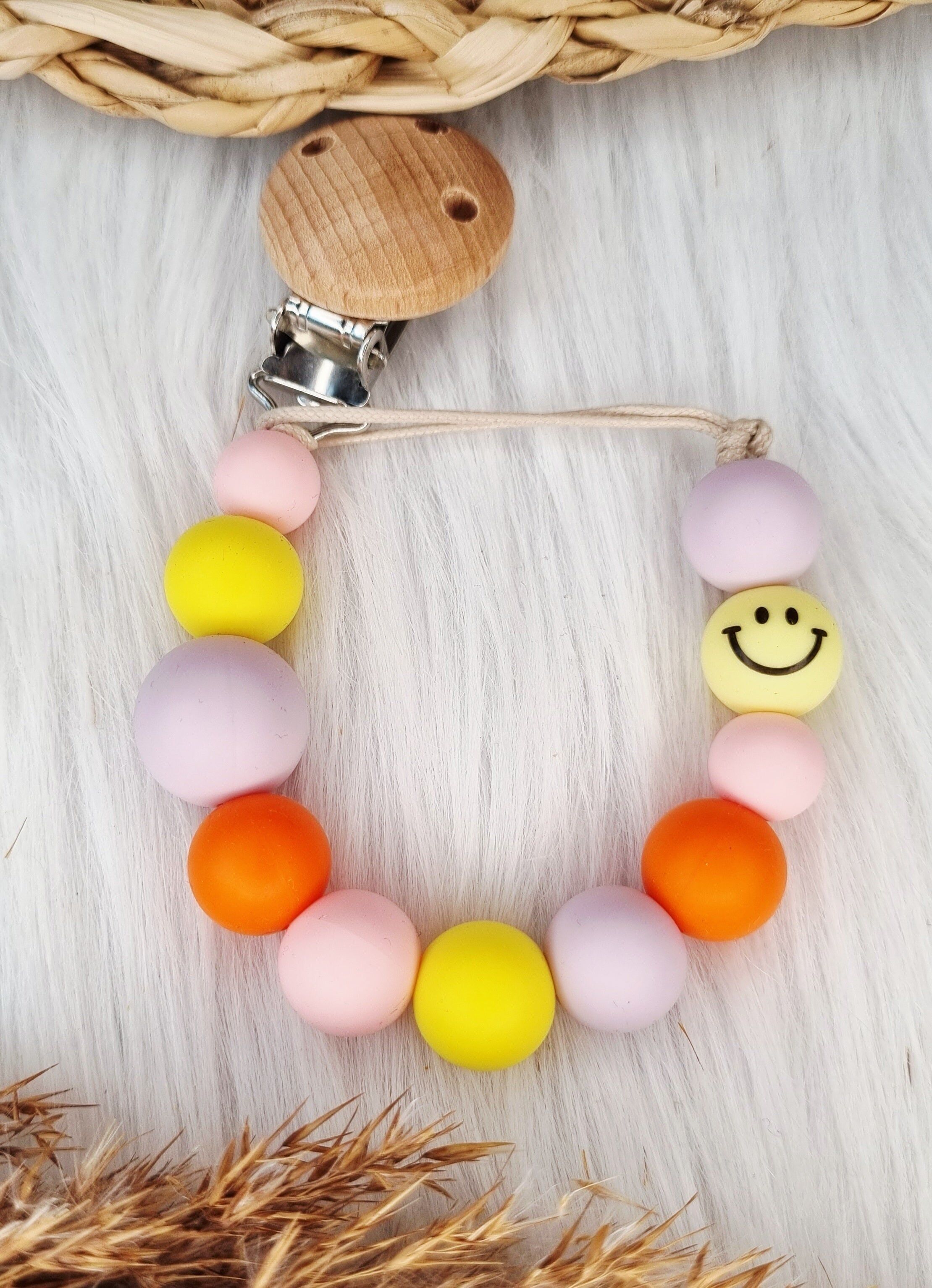 Pacifier chain - Smiley, baby pink, yellow, lilac, orange