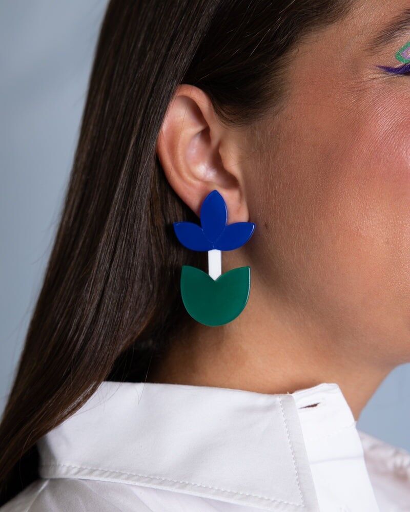 Lebende Ohrringe, Früchte und Blumen, blaue Tulpe