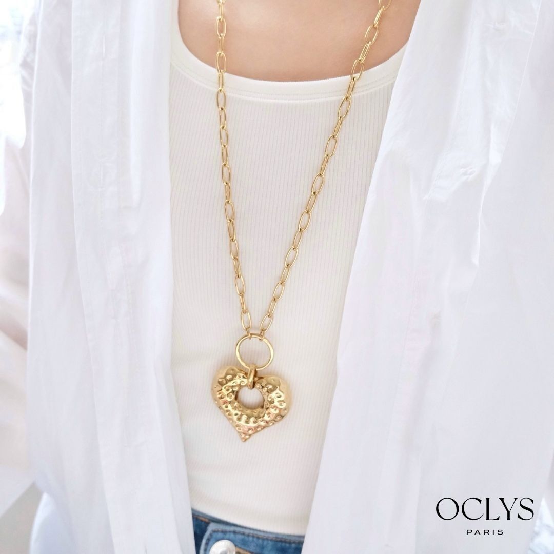 Collier sautoir cœur martelé acier inoxydable