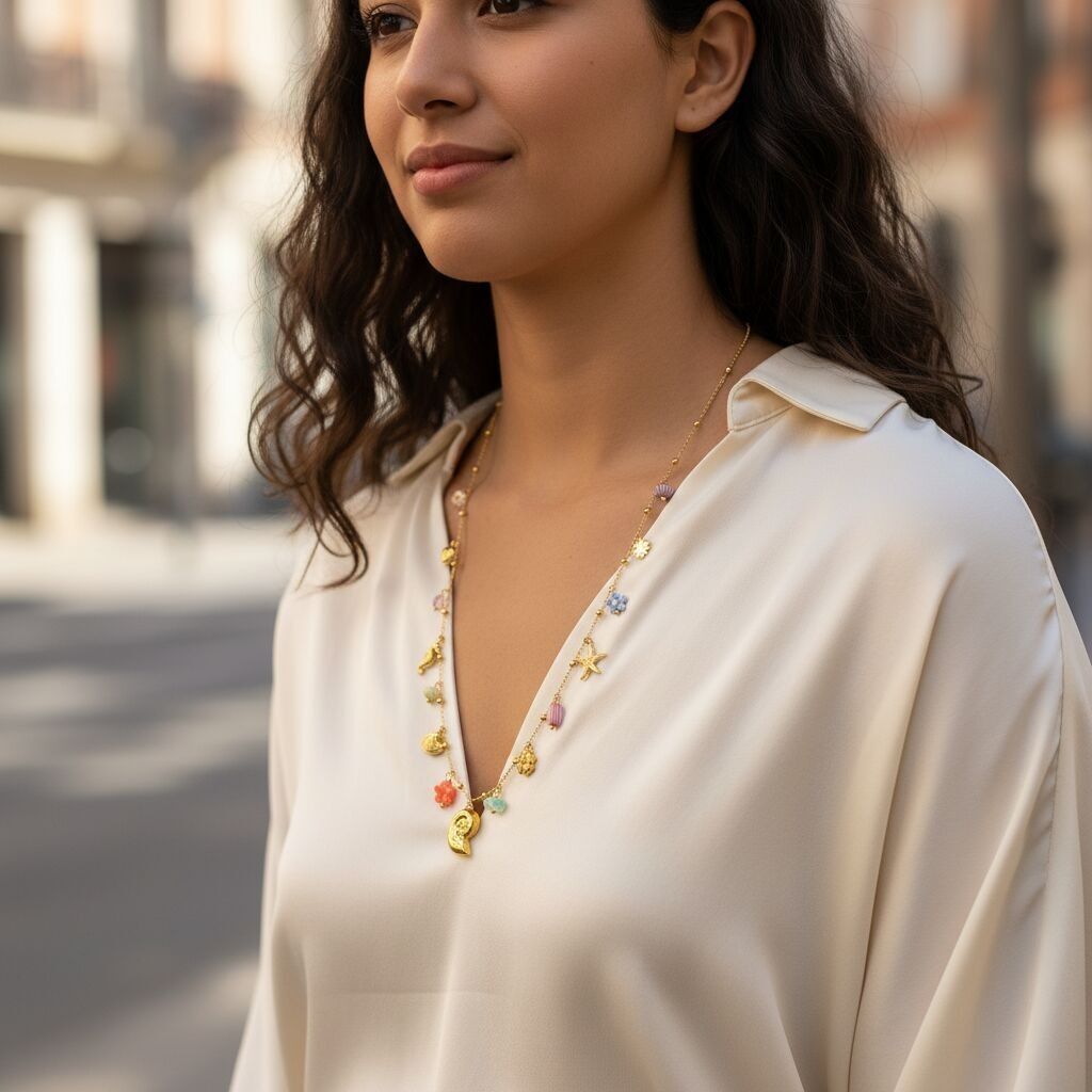 Long necklace with a thin gold chain and pastel multicolored charms