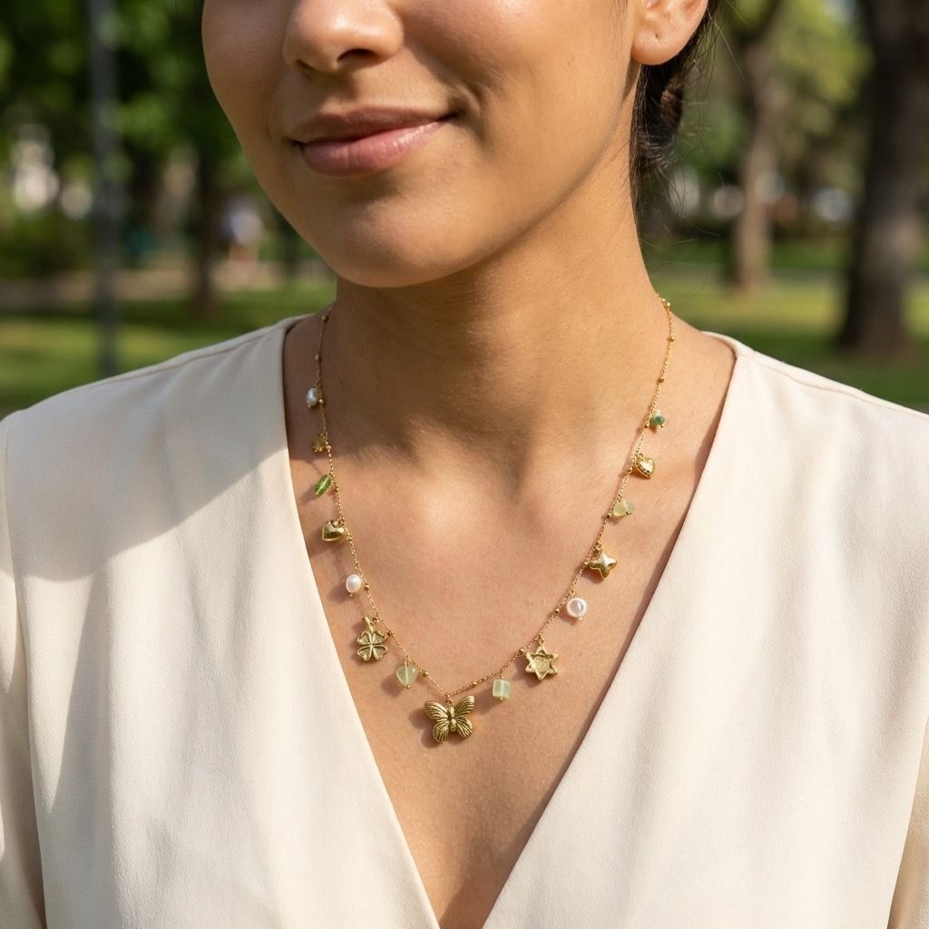 Gold multi-charm long necklace with butterfly and lucky symbols