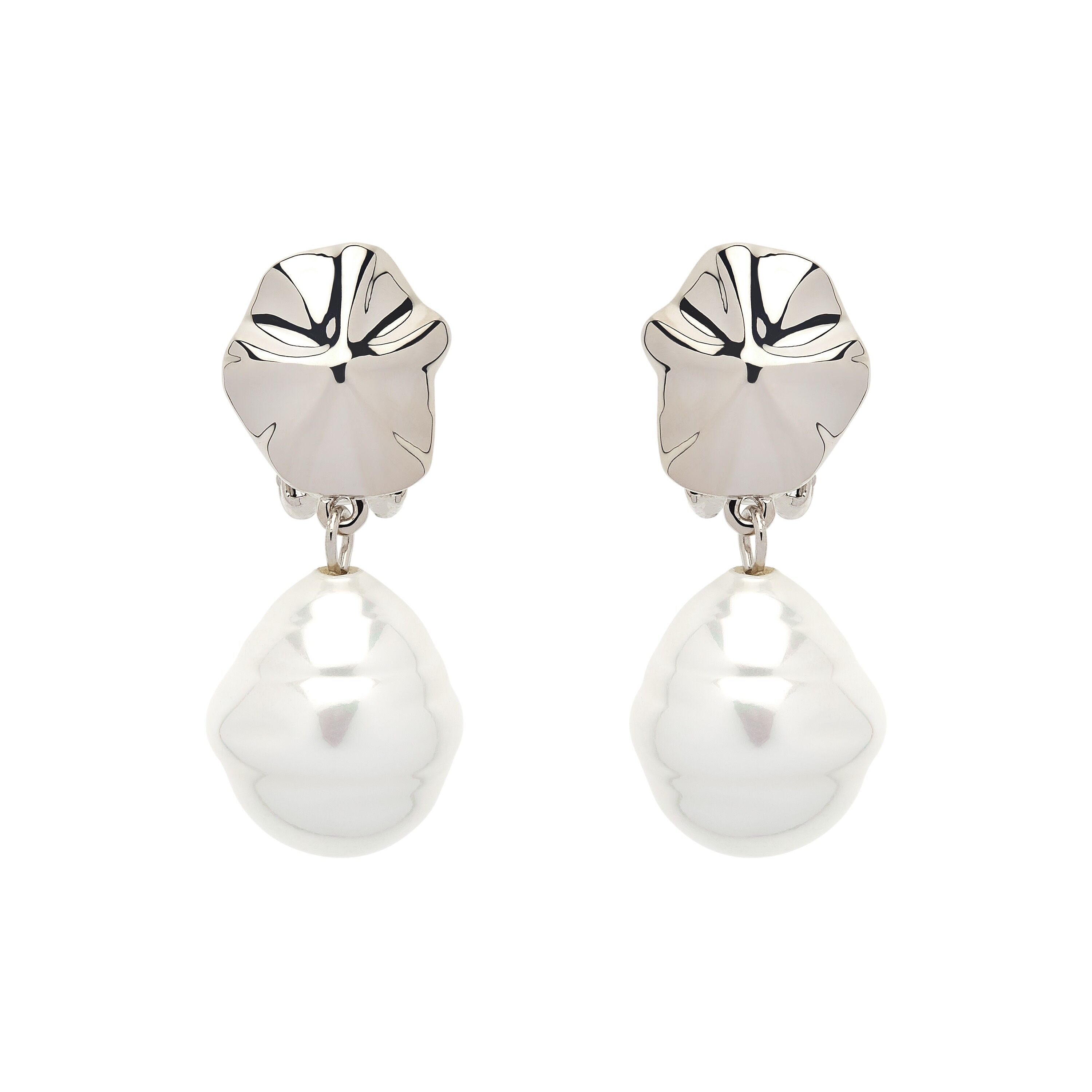 Platinum Shell & Baroque Pearl Clip Earrings