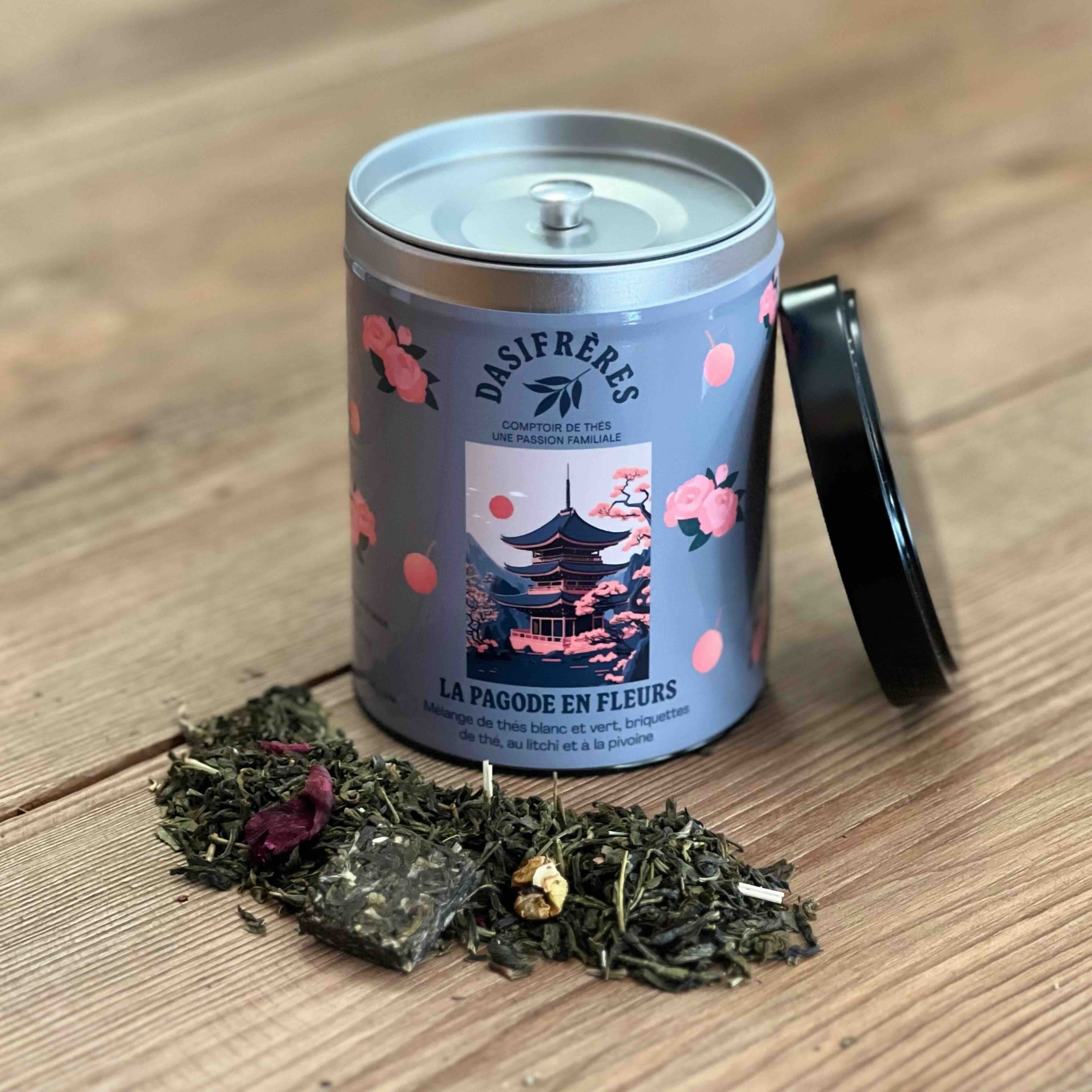 Pagoda in Bloom - green and white teas with lychee and peony, 100g tin
