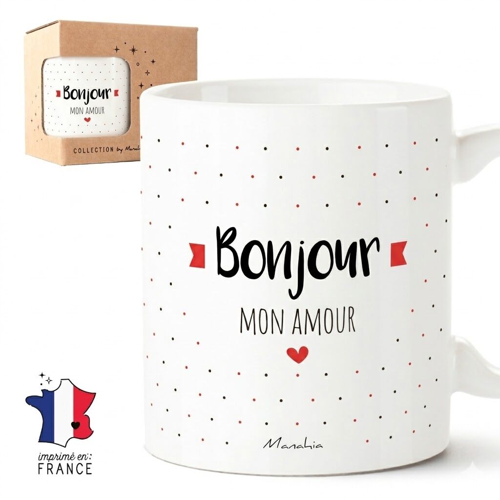 Mug - Bonjour mon amour – mug amour – idée cadeau femme – idée cadeau homme – cadeau Saint-Valentin – cadeau couple – cadeau romantique – céramique 330 ml – boîte kraft – Imprimé dans notre atelier en France – Manahia