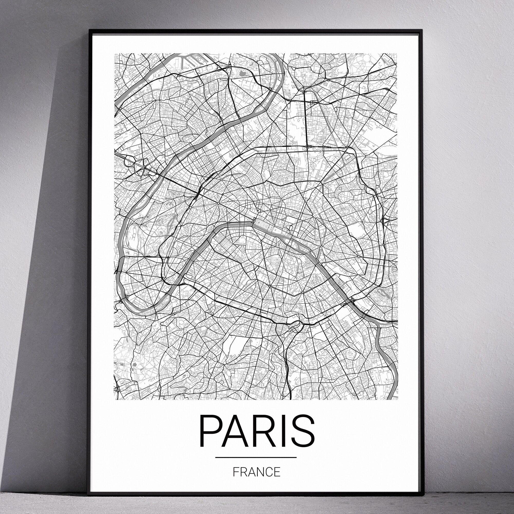 Affiche plan de ville France - Paris / Affiche Plan de Ville Minimaliste / Du format A6 au A3