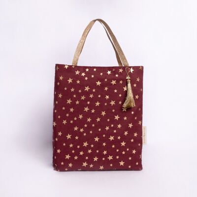 Reusable Fabric Gift Bags Tote Style - Burgundy Stars (Large)