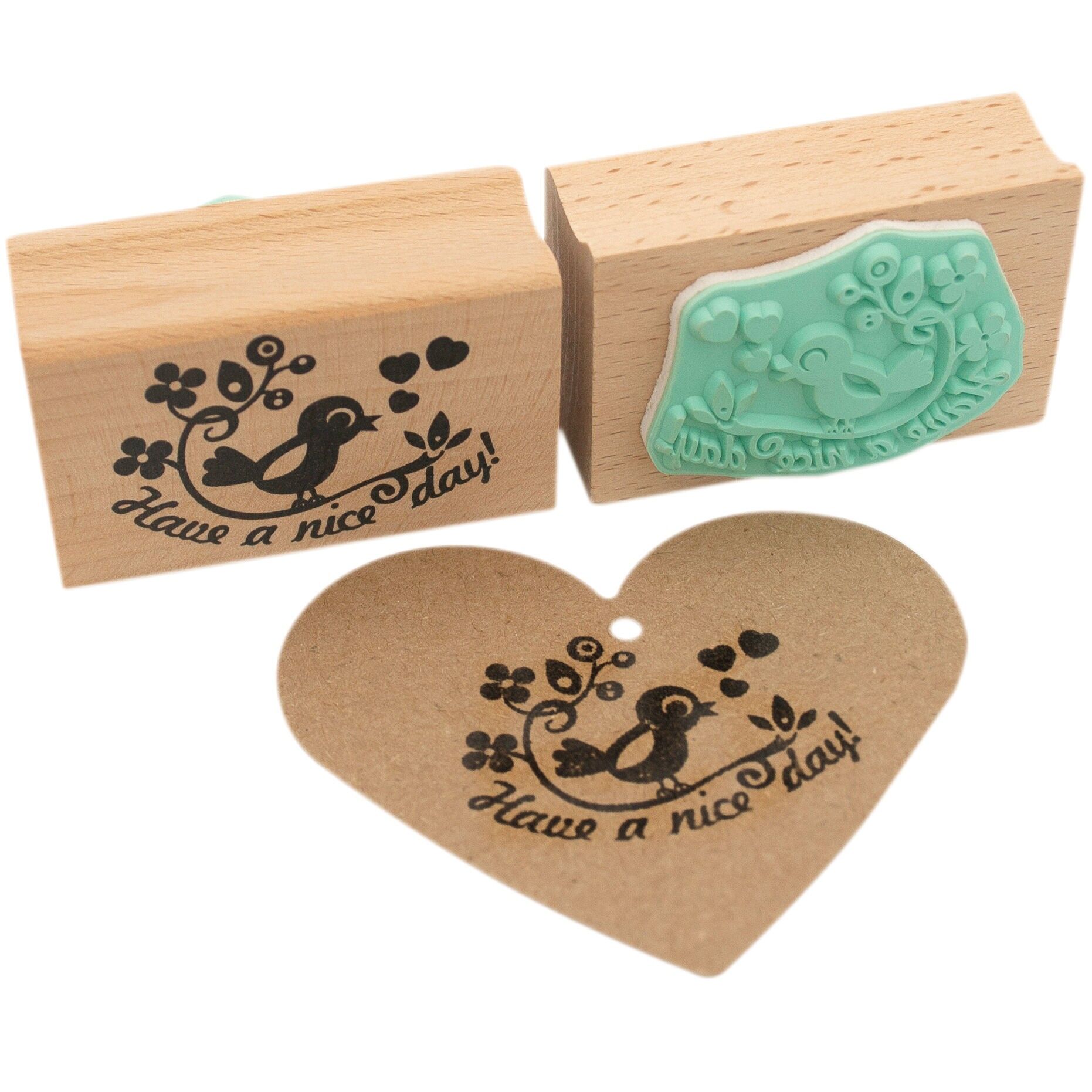 “Have a Nice Day” Bird Rubber Stamp – Wooden Retro Bird & Floral Stamp for Cards, Happy Mail, Journals and Gift Tags