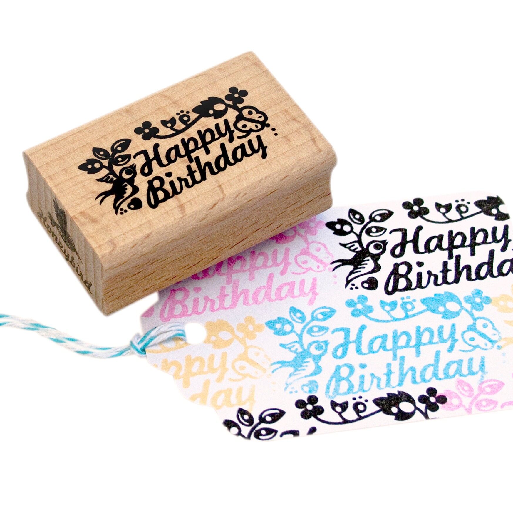 Floral Happy Birthday Rubber Stamp – Bird, Heart & Butterfly