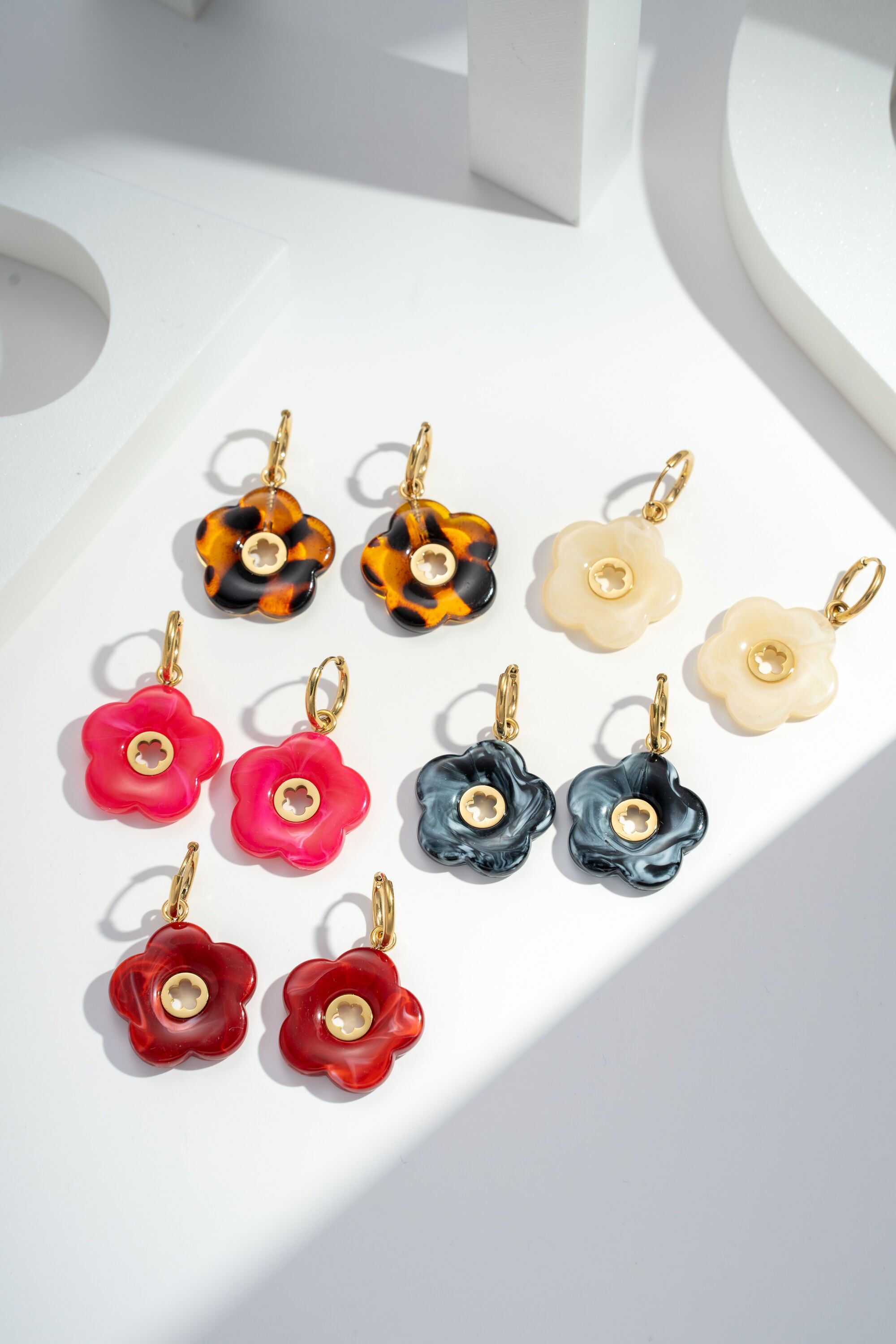 “Flower Petal” Earrings – colored resin, gold ring, steel