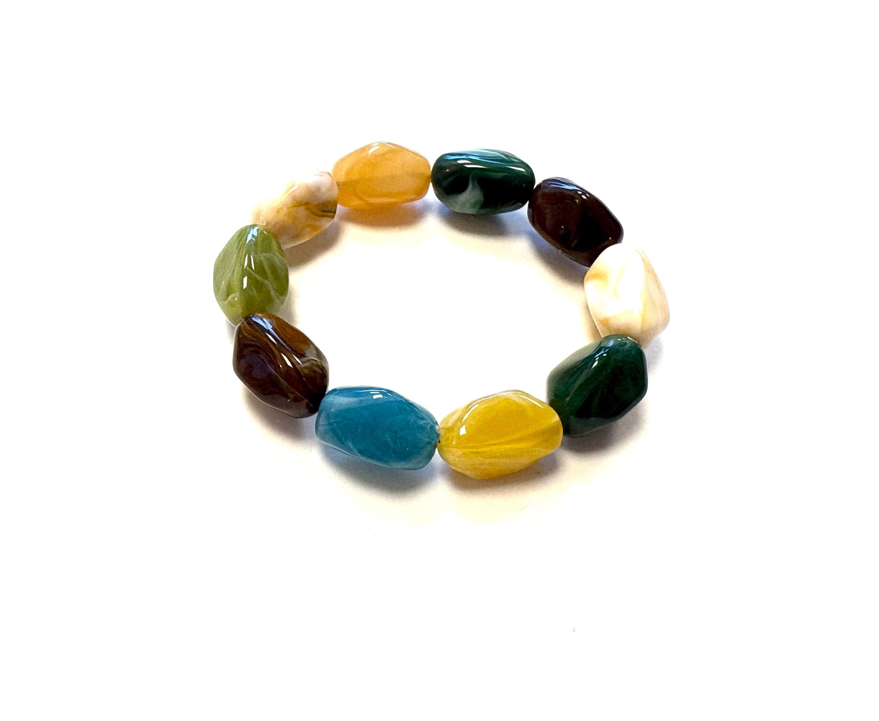Bracelet large beads green/blue/brown/geel