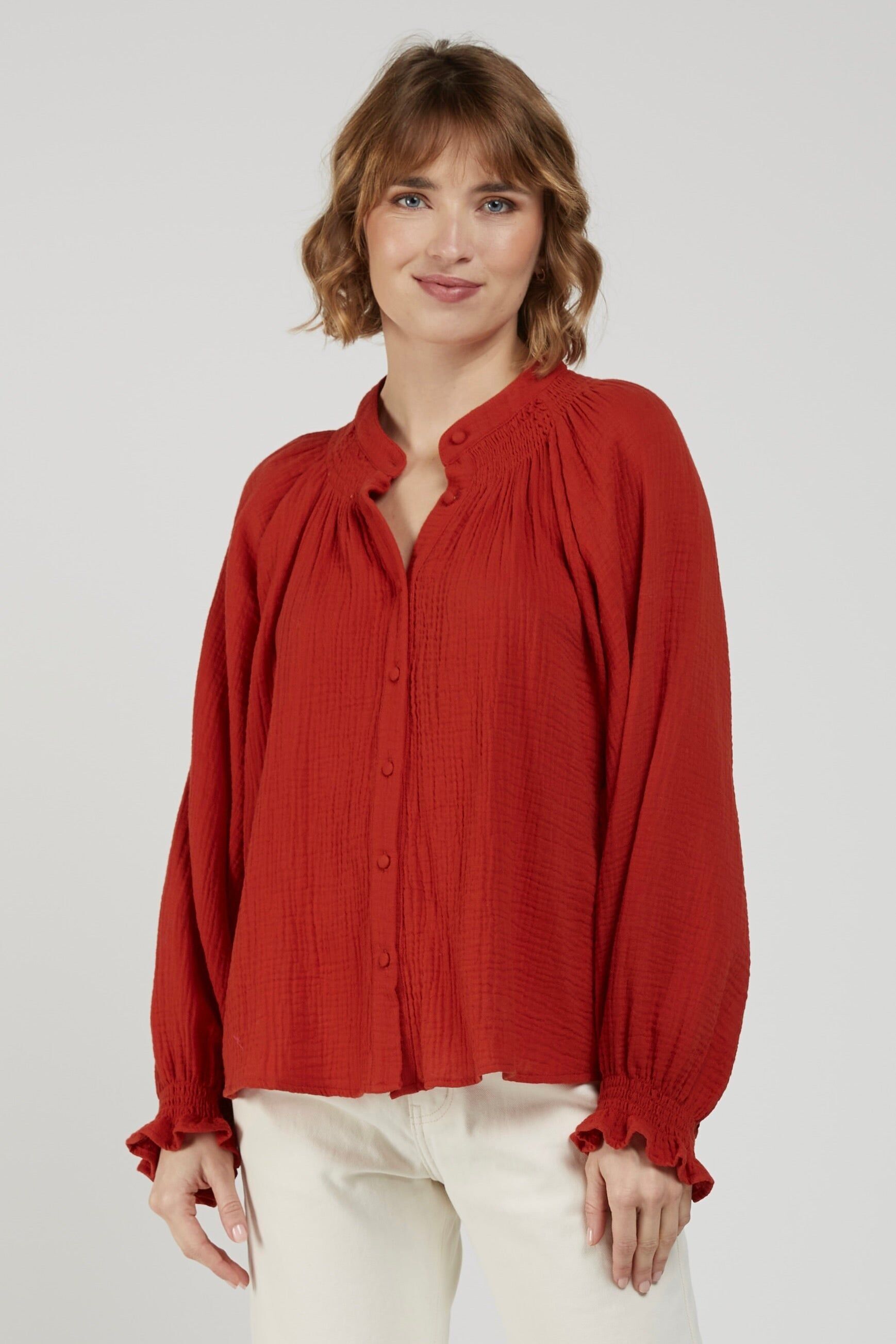 INDIA - Blue smocked long-sleeved blouse