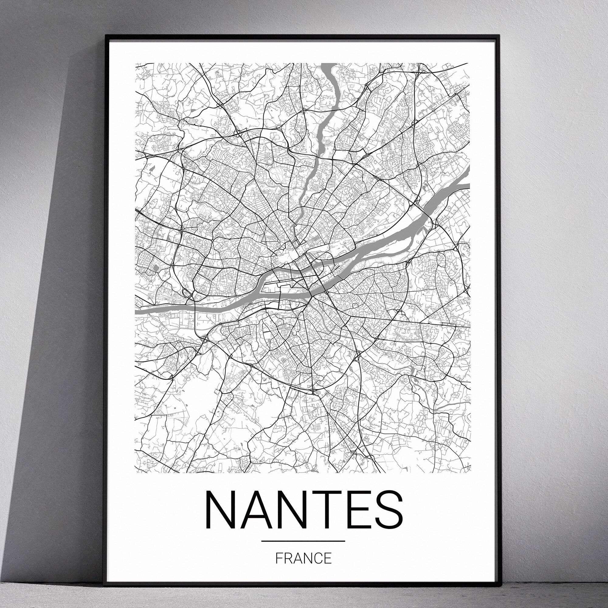 Affiche plan de ville France - Nantes / Affiche Plan de Ville Minimaliste / Du format A6 au A3
