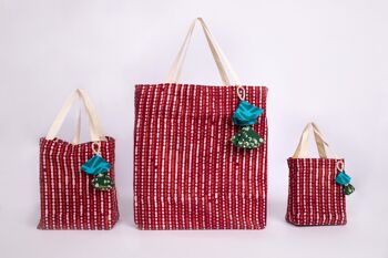 Sacs-cadeaux en tissu réutilisables style fourre-tout - Rayures rouge brique (petit) 3