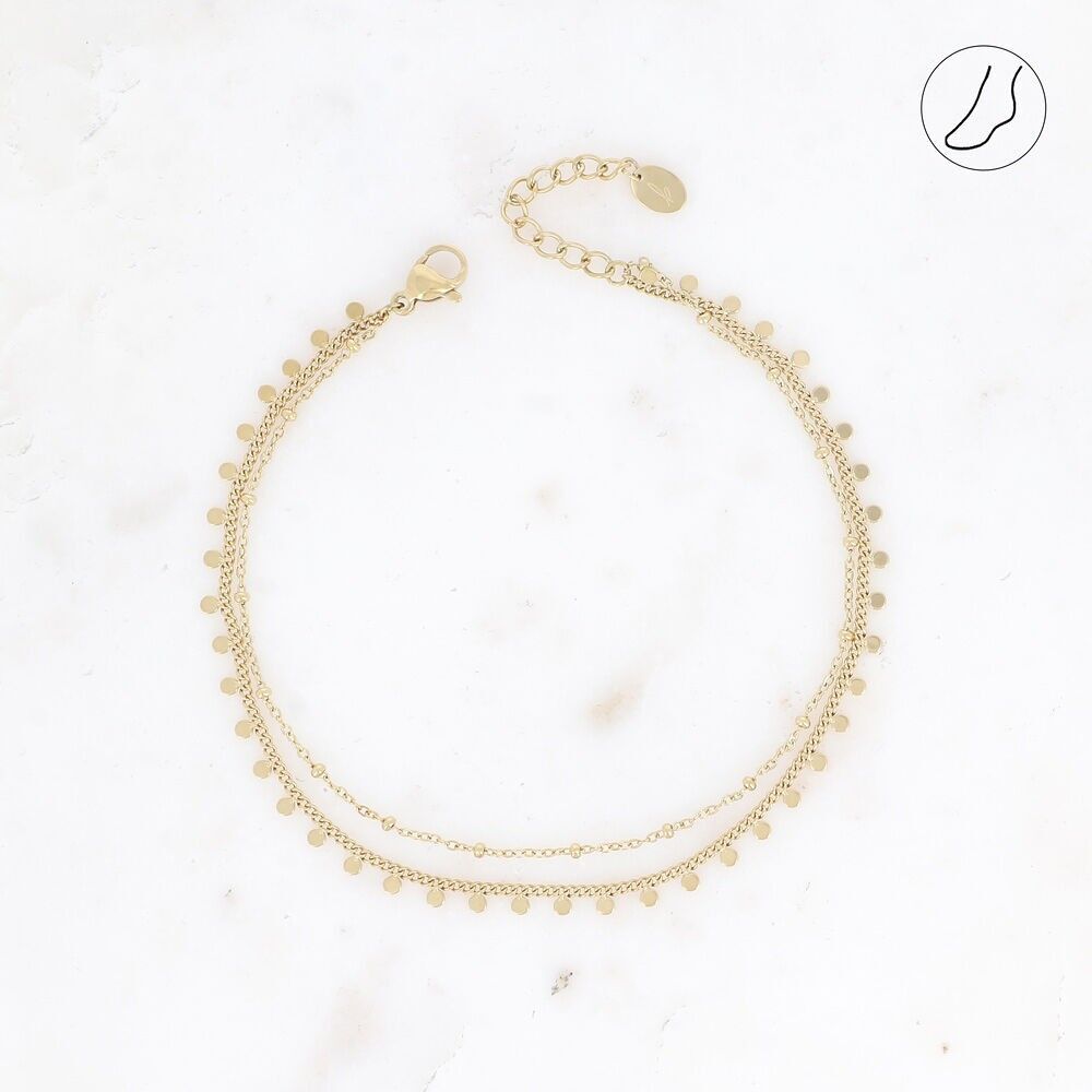 Bracelet de cheville Iria - 2 rangs, pampilles rondes et chaîne avec boules