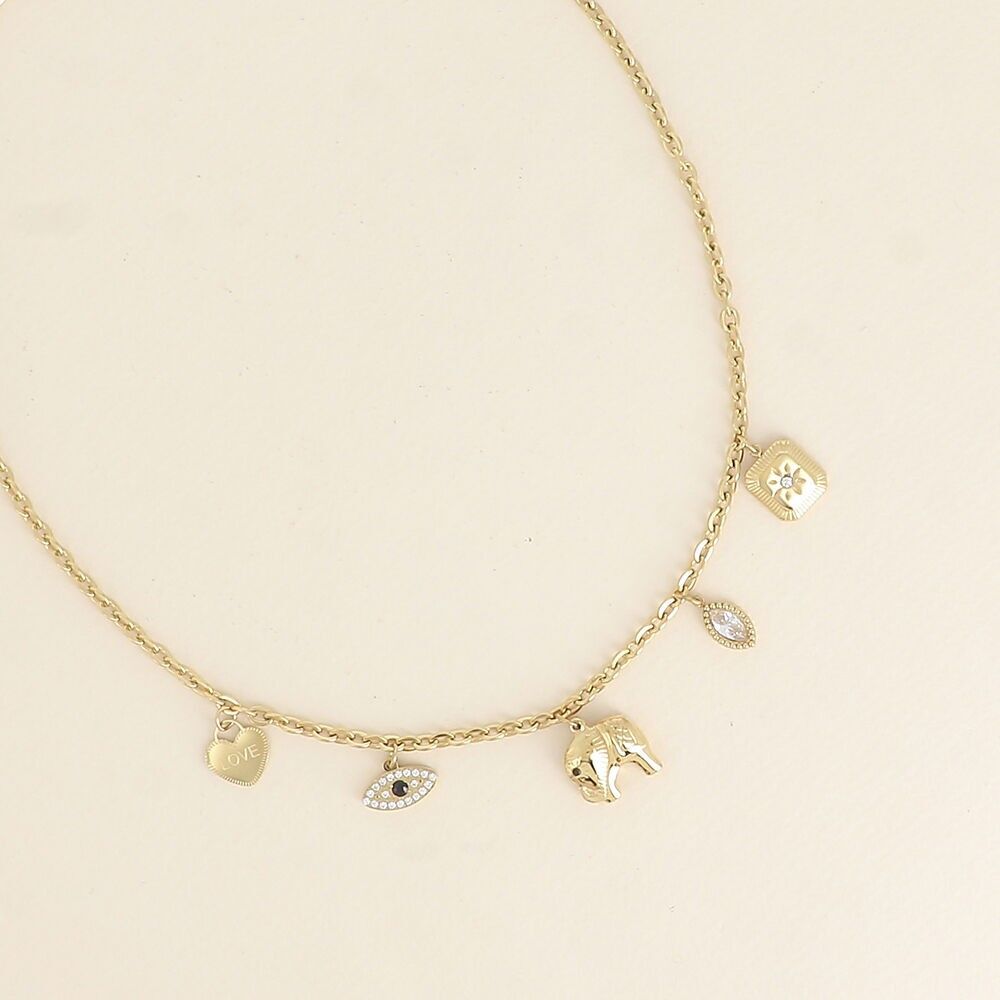 Collier - multiples breloques (coeur Love, oeil, éléphant, cristal et fleur)
