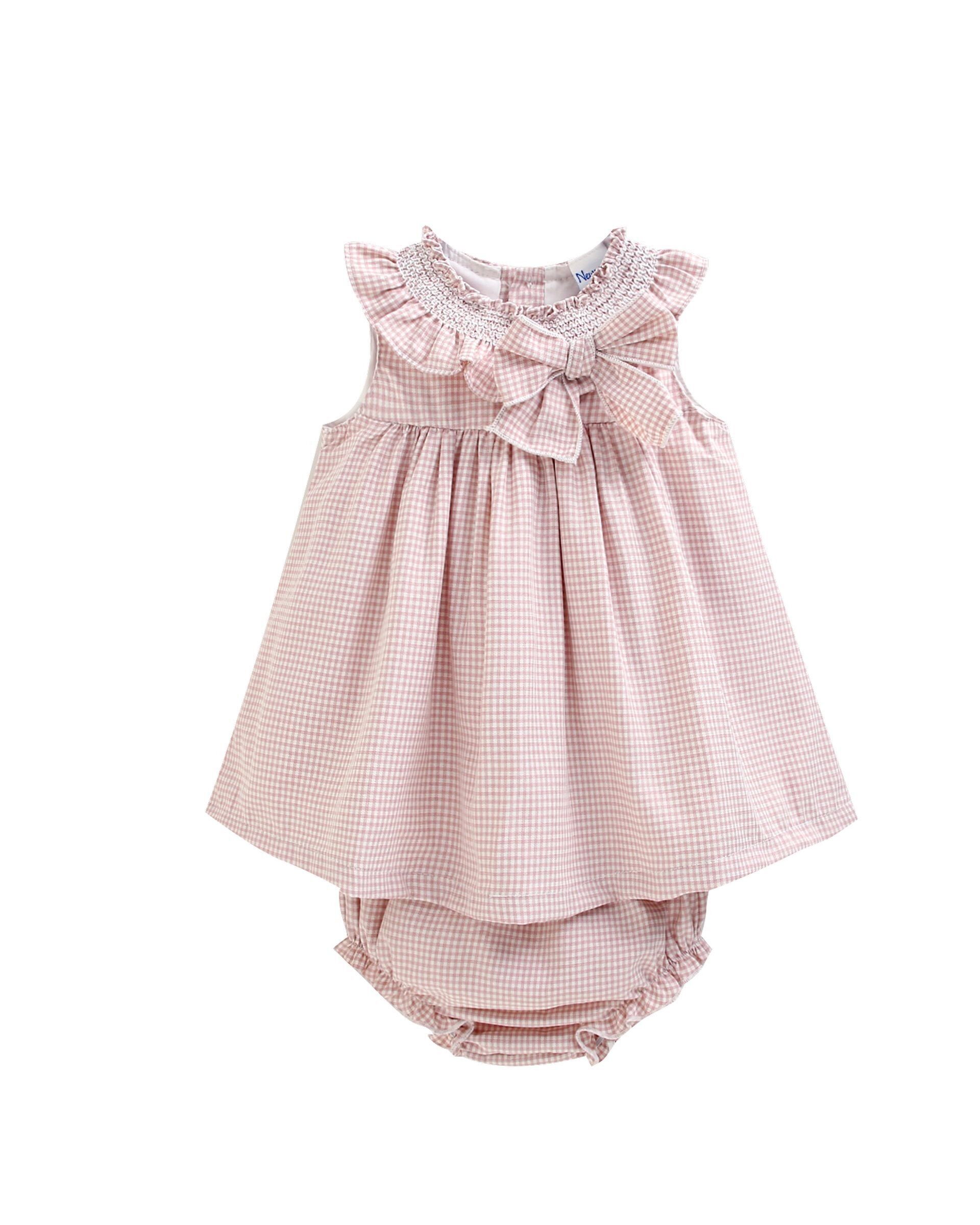 Babykleid 6-24 Monate, rosa Vichy-Karo mit Smokdetails + passender Strampler BGV96530