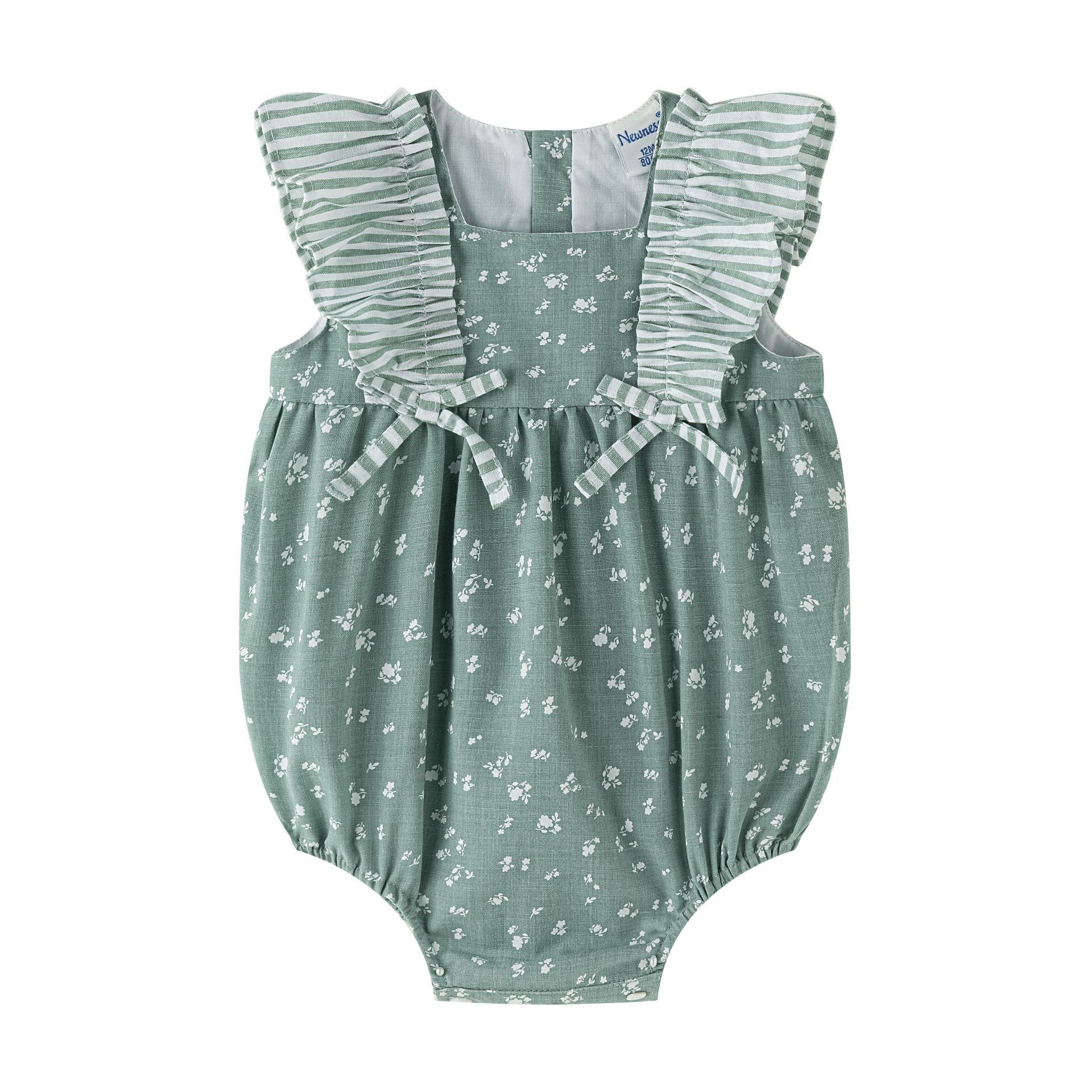 Grenouillère bébé 3-18 mois, rayures vertes et blanches, volants et nœuds BGV96576