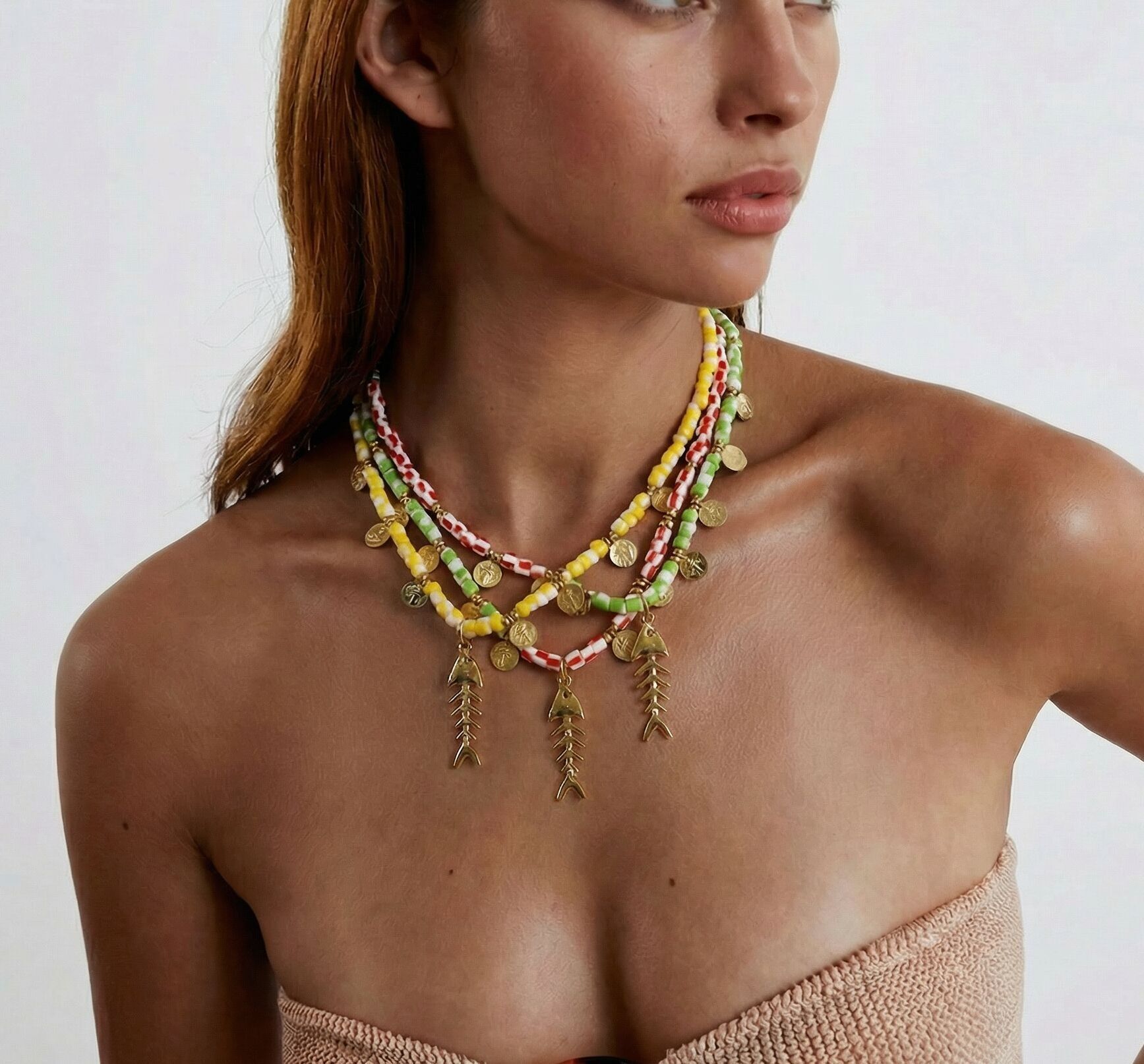 Multi colored Beaded Fishbone Gold Charm Summer Necklace