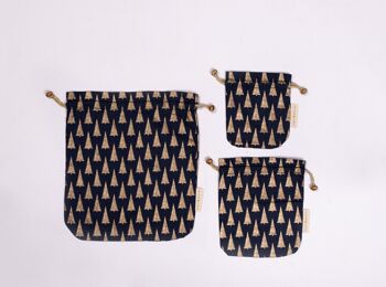 Sacs-cadeaux en tissu réutilisables à double cordon de serrage - Arbres bleus (petits) 3