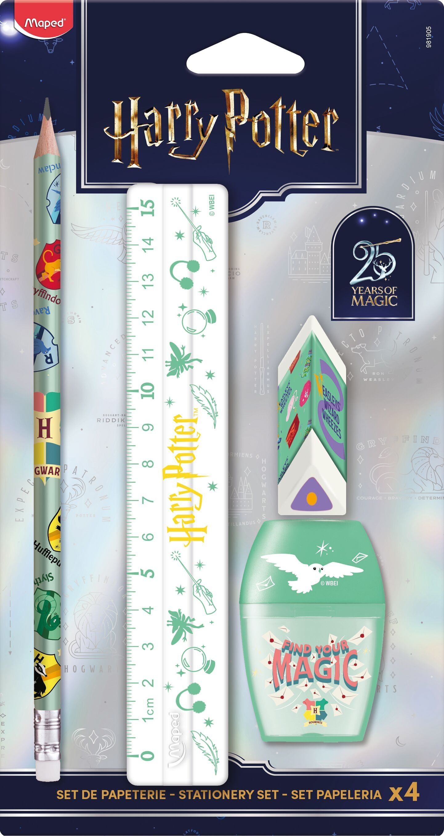 HARRY POTTER 4-piece set: 1 HB graphite pencil with eraser, 1 unbreakable 15cm decorated ruler, 1 pyramid eraser, 1 shaker-style pencil sharpener with 1 hole, in blister pack - LIMITED EDITION 25th ANNIVERSARY HARRY POTTER