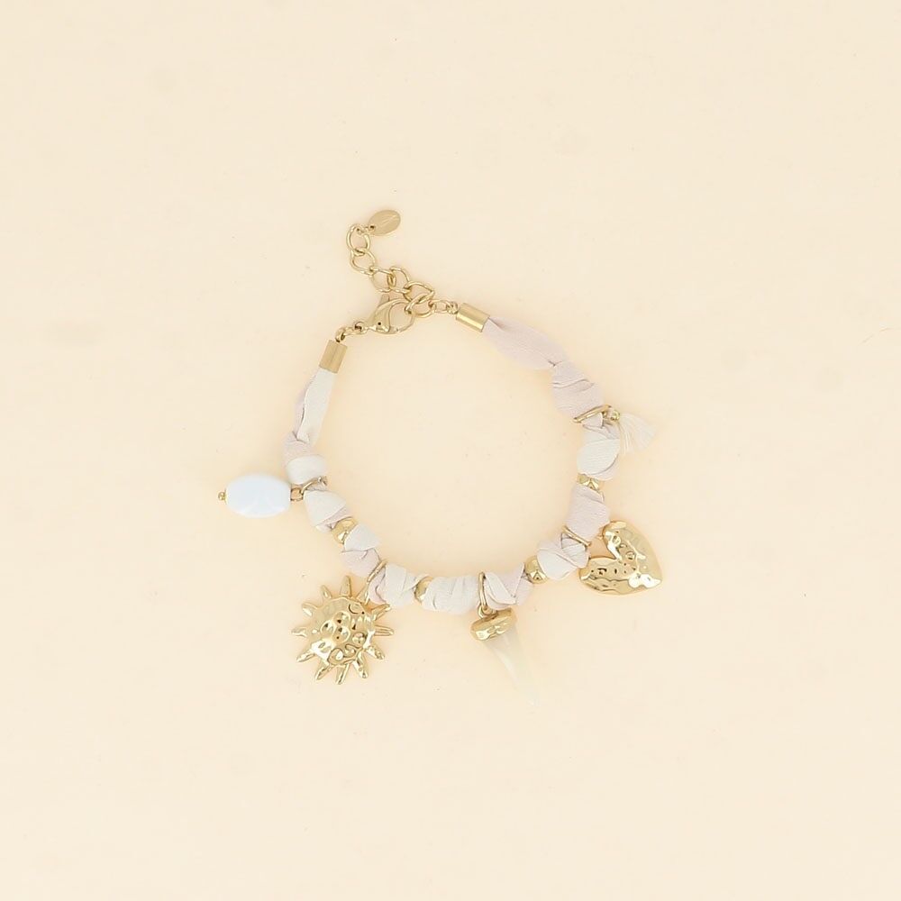 Bracelet - tissu ruban, perle en céramique émaillée, soleil, corne en résine, coeur texturé