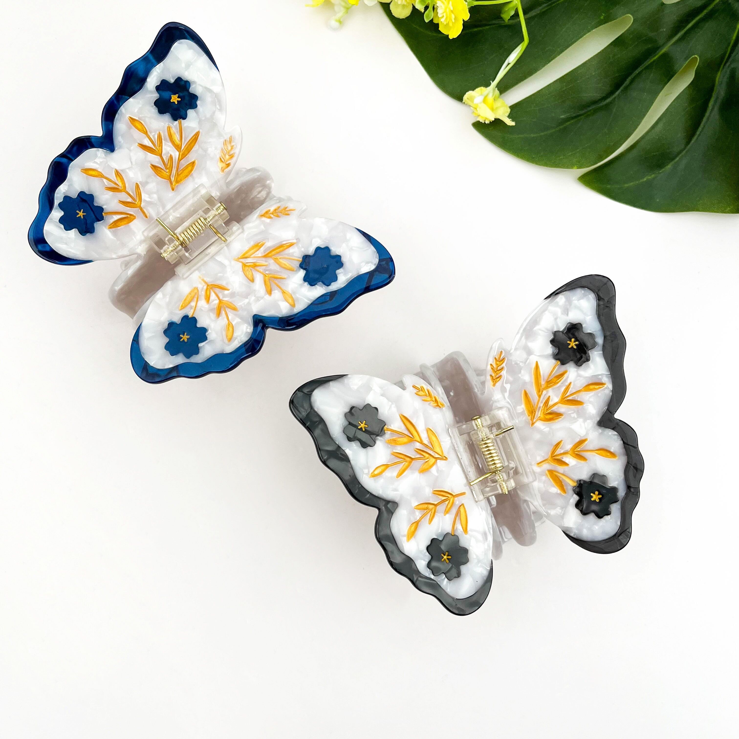 Haarspangen mit Insektenmotiven aus Acetat-Patchwork mit Blumen- und Schmetterlingsmotiven