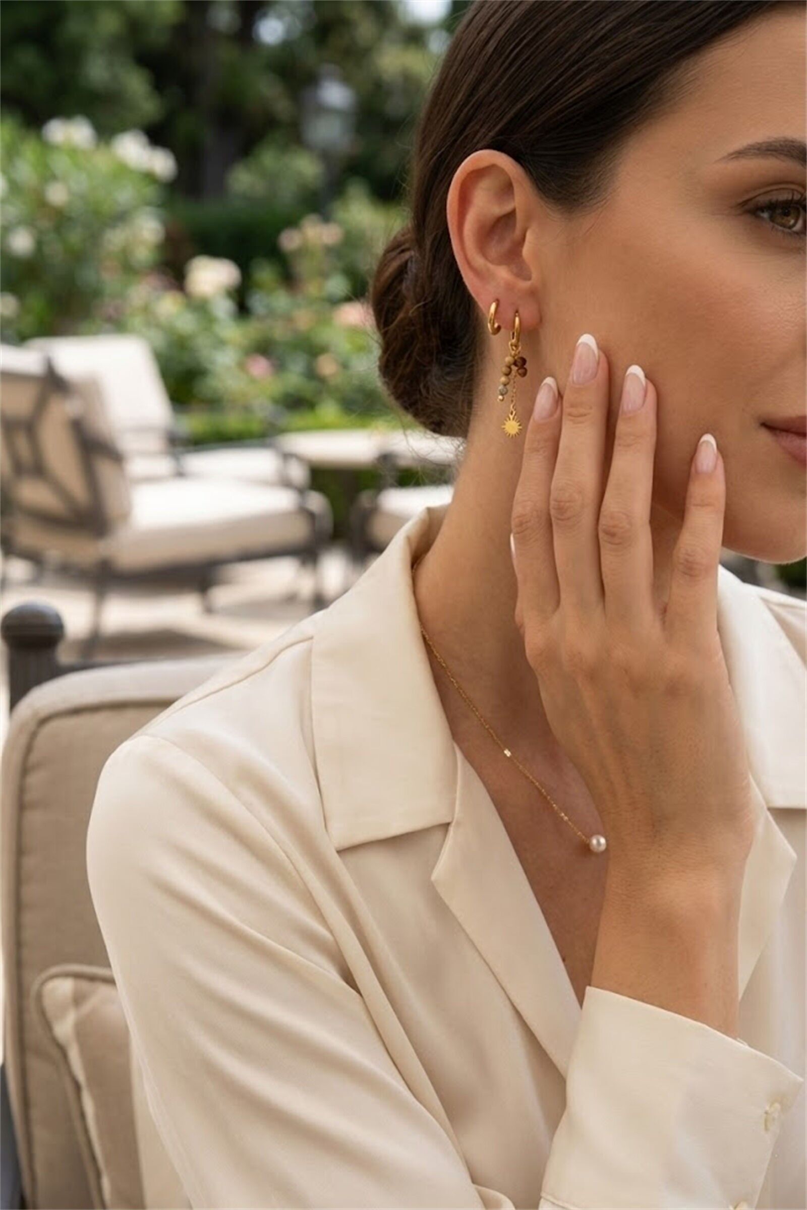 Asymmetrical Sun & Natural Stone Earrings – Gold Plated Stainless Steel