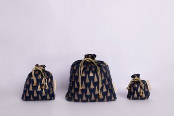 Sacs-cadeaux réutilisables en tissu à double cordon - Arbres bleu marine (grand) 3