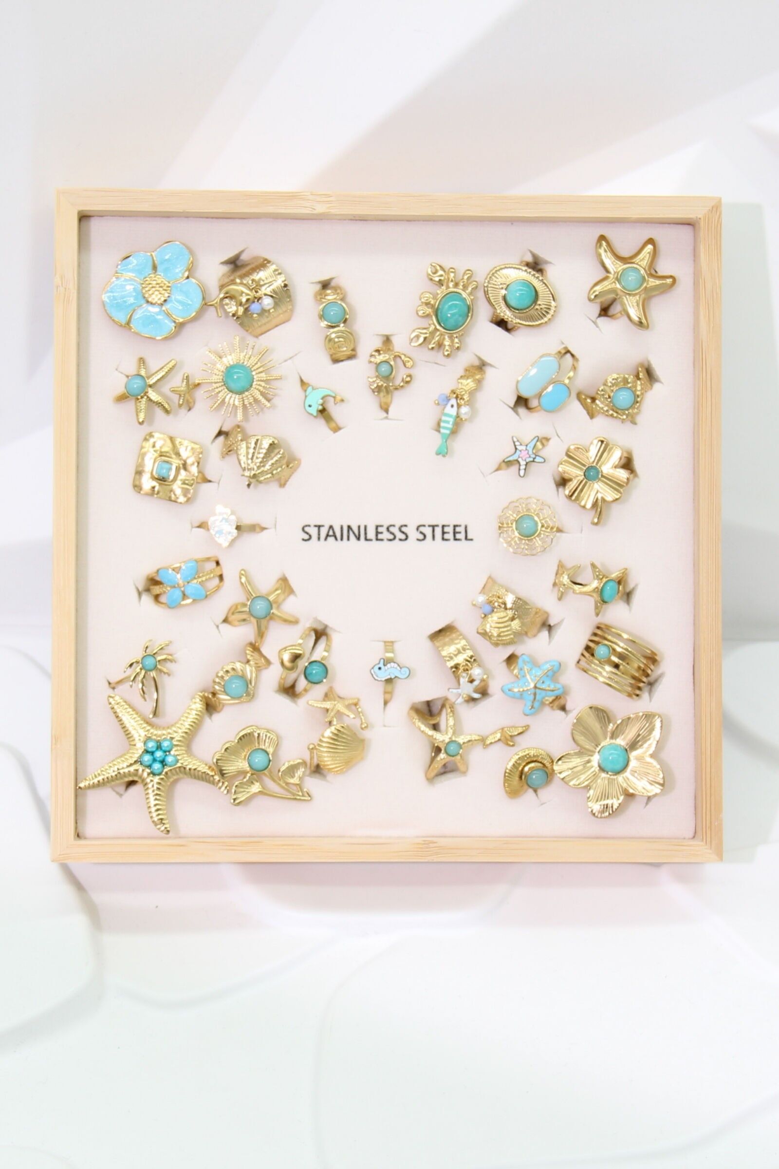 Set of 36 Adjustable Stainless Steel Rings – Nautical & Turquoise Theme – Free Display Stand