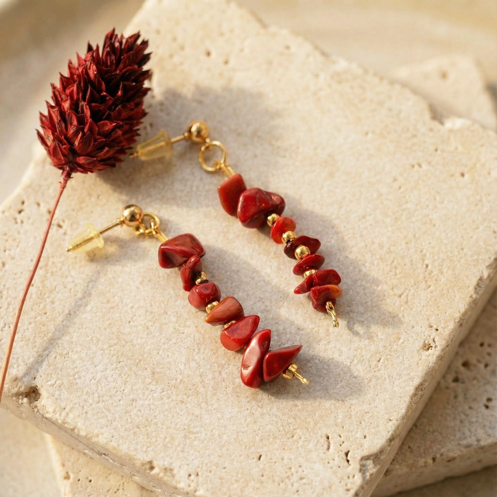 Coral Crystal Stone Earrings