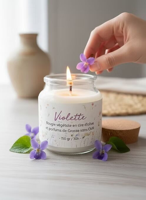 Handmade Floral Candle in Olive Wax (CMR-free) - Violet Scent - 30 hours