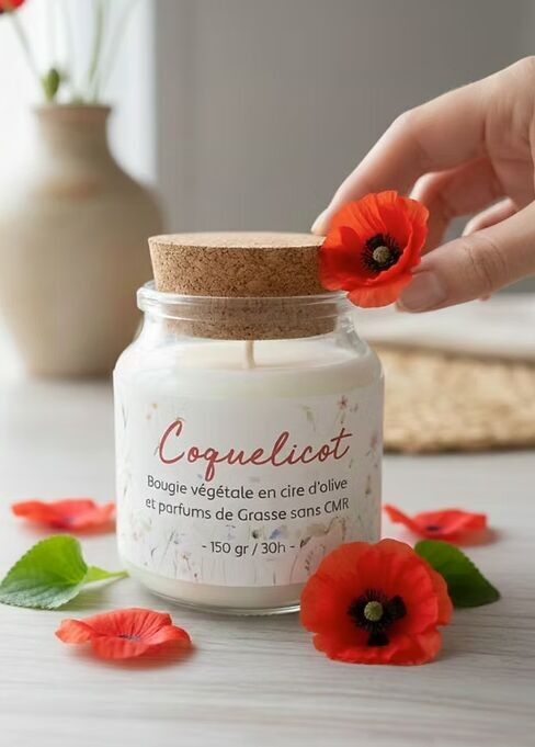 Handmade Floral Candle in CMR-free Olive Wax - Poppy Scent - 30h