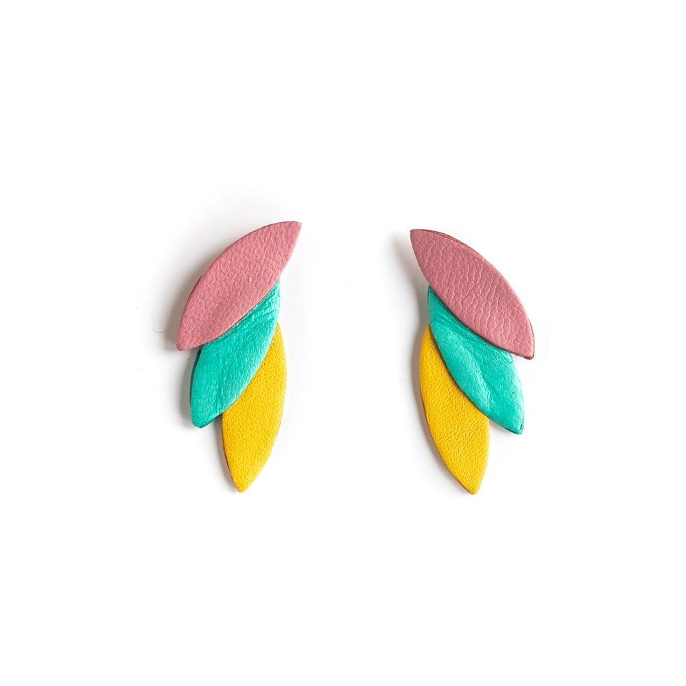 3-petal stud earrings in pink, Veronese green, and yellow leather