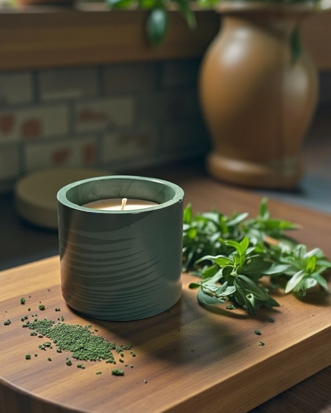 Refillable Scented Candle in Handmade Jesmonite Candle Pot - Fern | Herb Garden