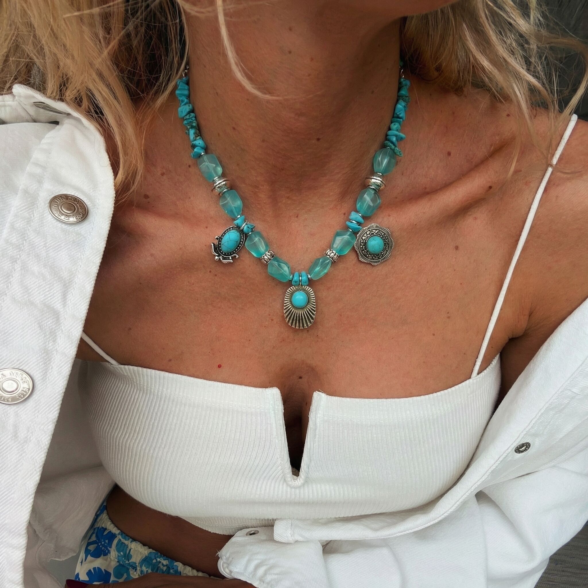 Turquoise Stone Necklace with Western Charm Details