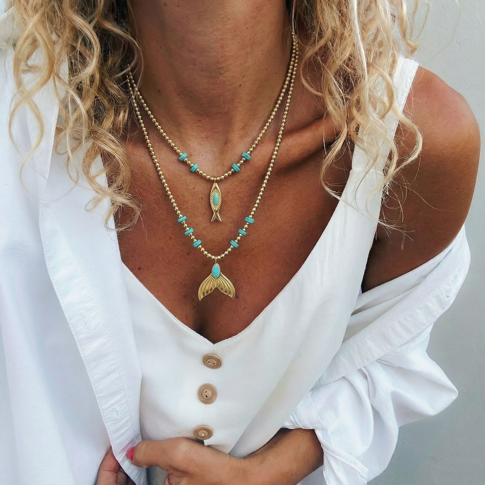 Double Gold Strand Hematite & Turquoise Sea Charm Necklace