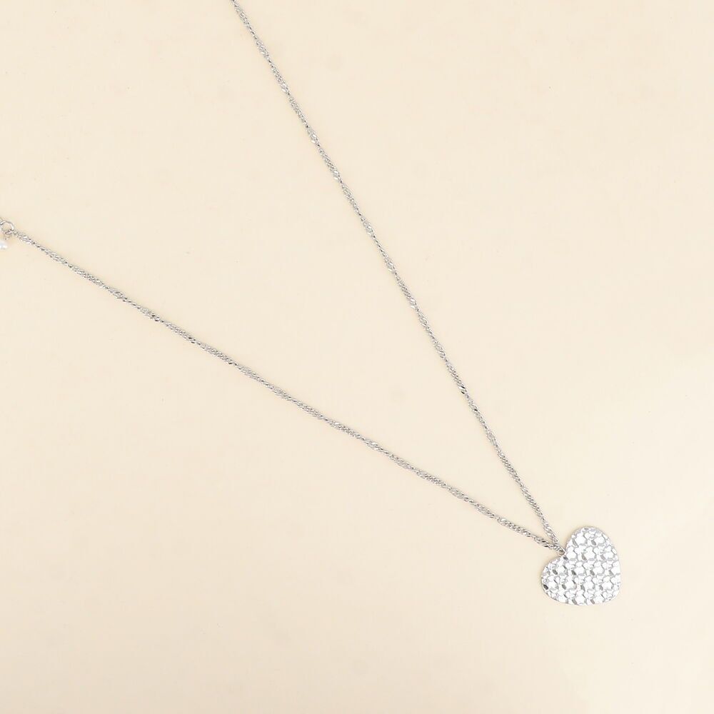 Sautoir - mailles gourmette, alternée, perles d'eau douce, coeur texturé