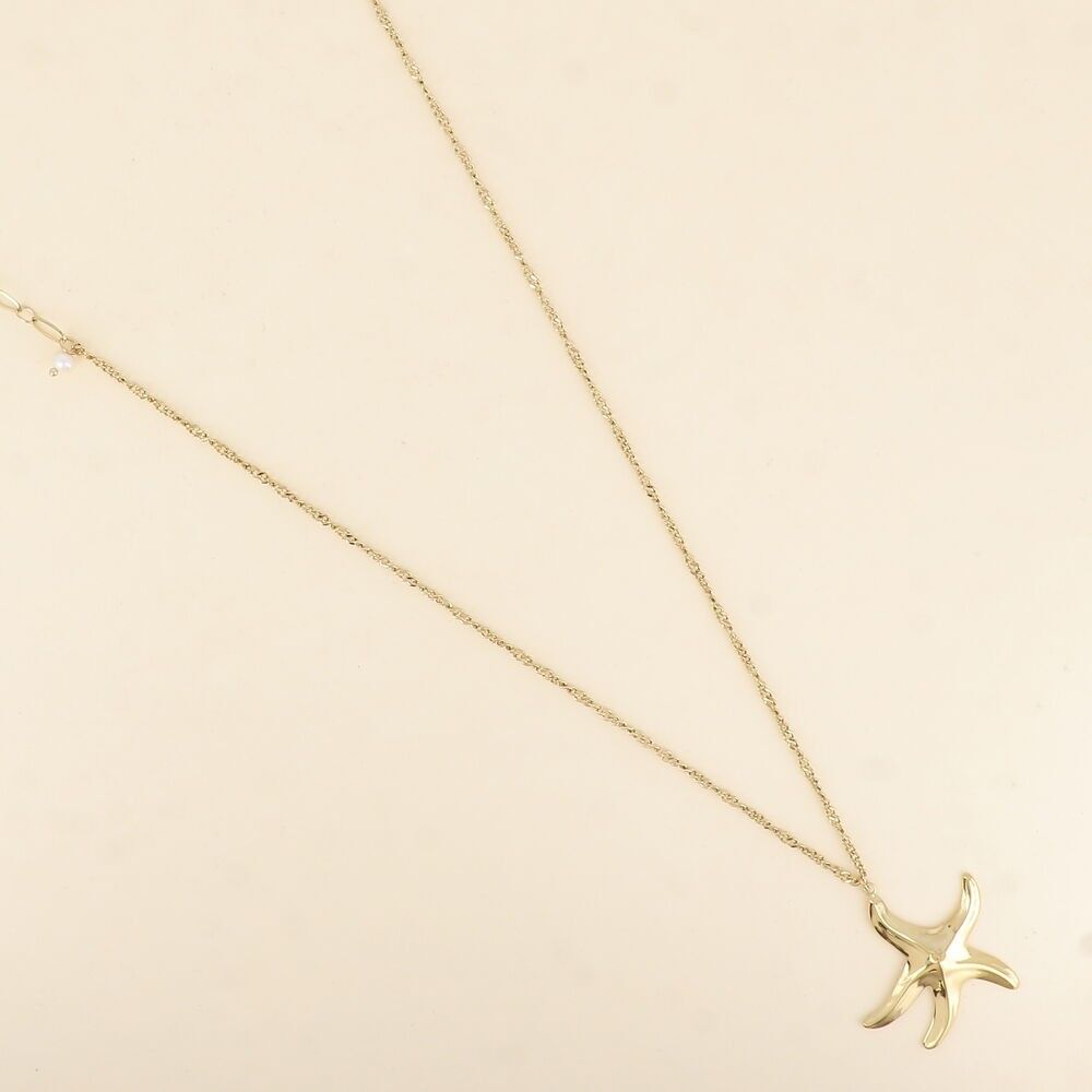 Sautoir - maille gourmette, alternée, perles d'eau douce, étoile de mer