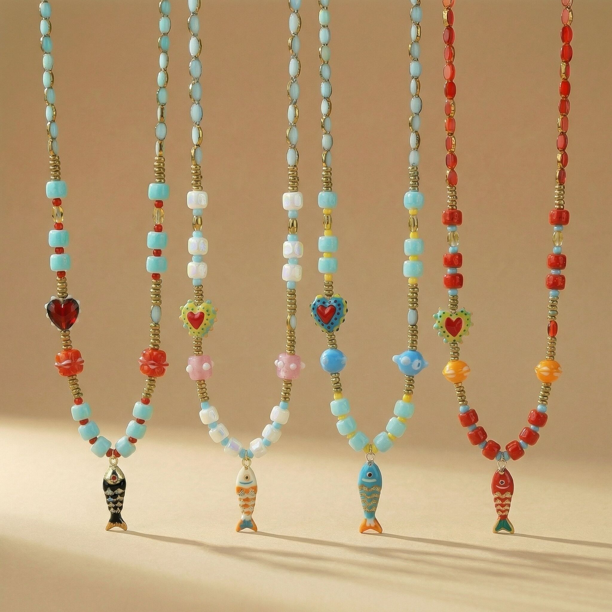 Colorful Beaded Fish Charm Summer Necklace