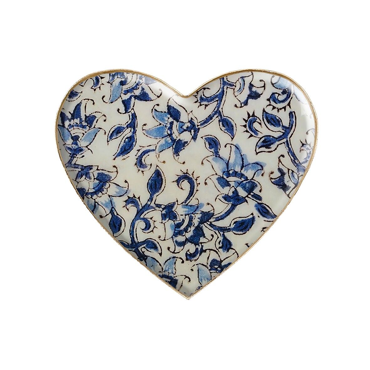 Heart-shaped enameled metal tray, Ispahan pattern, gold rim