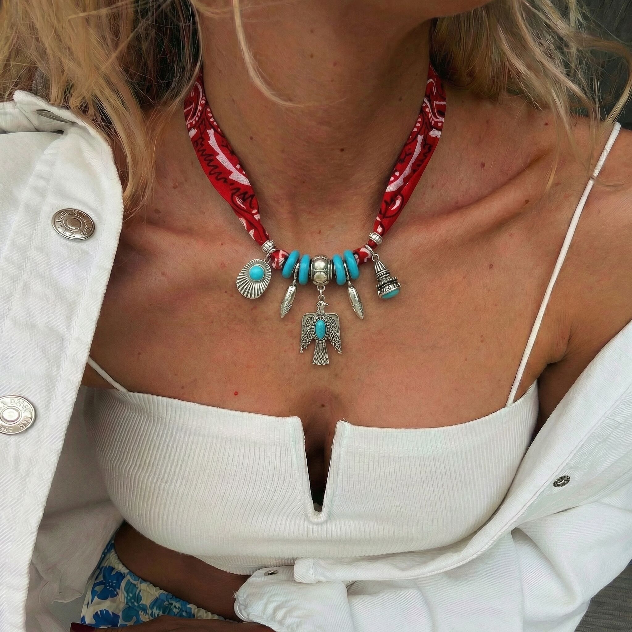 Red scarf necklace with native inspired silver charms
