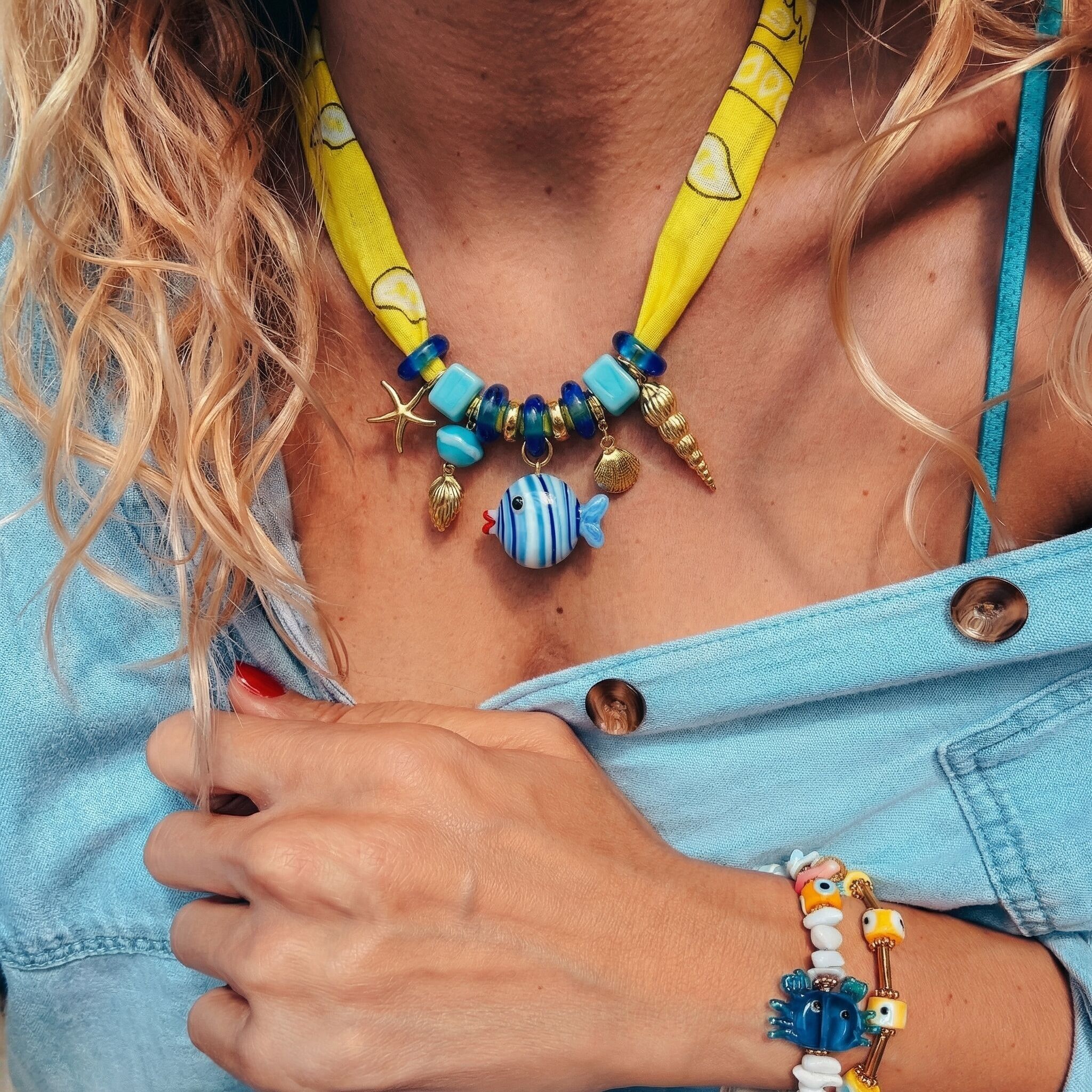 Yellow Bandana Scarf with Glass Fish Statement Necklace
