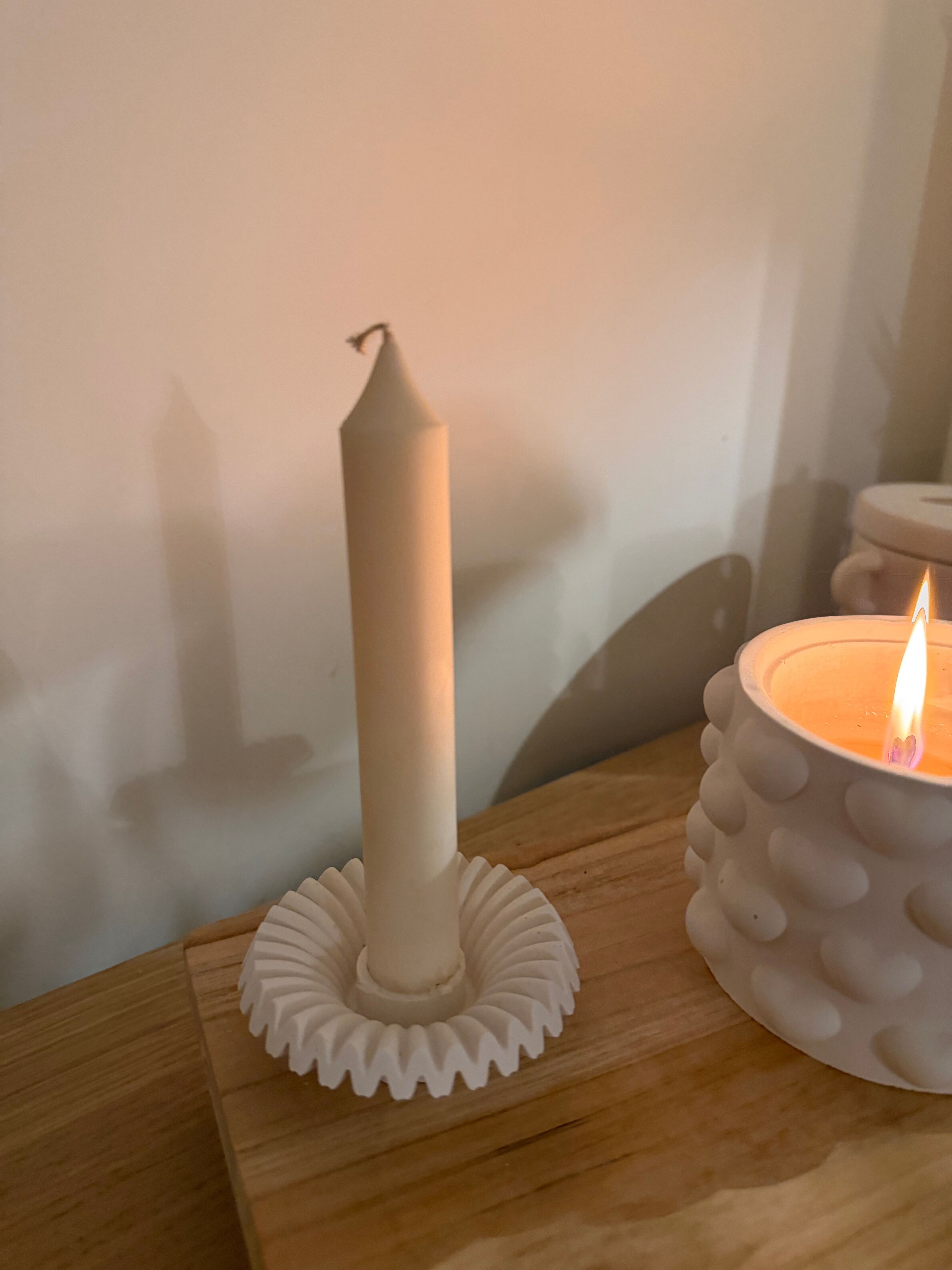Bella handmade ribbed candlestick in Jesmonite