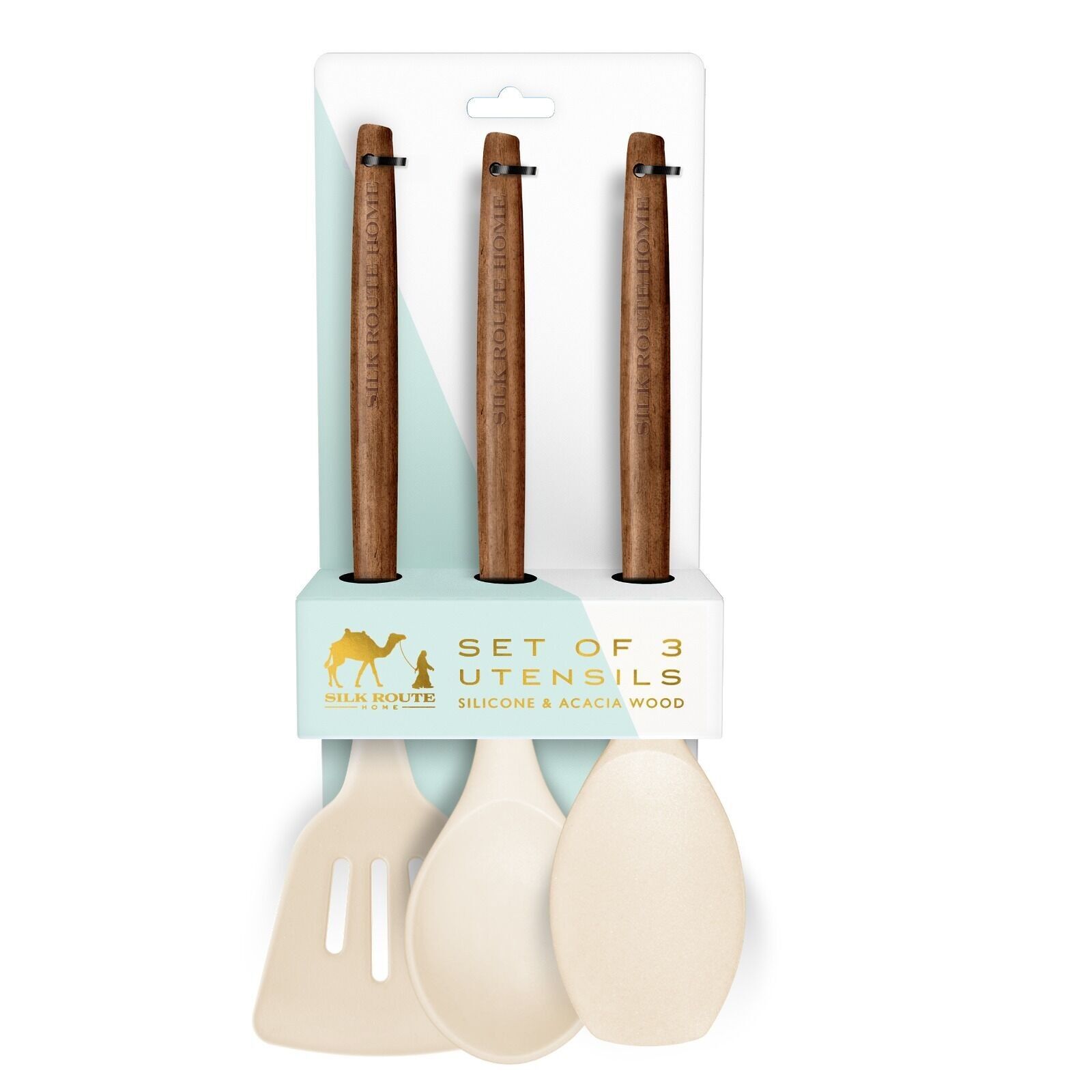 Acacia Wood & Cream Silicone Set of 3 Utensils Set