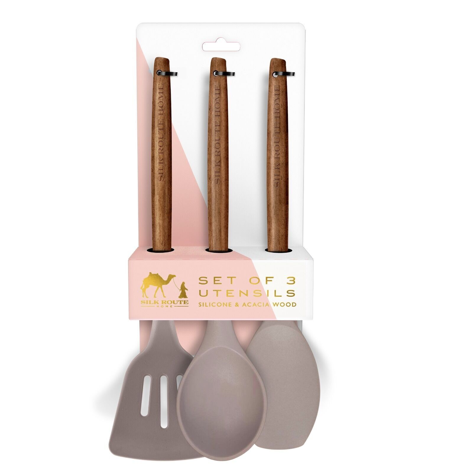 Acacia Wood & Grey Silicone Set of 3 Utensils Set
