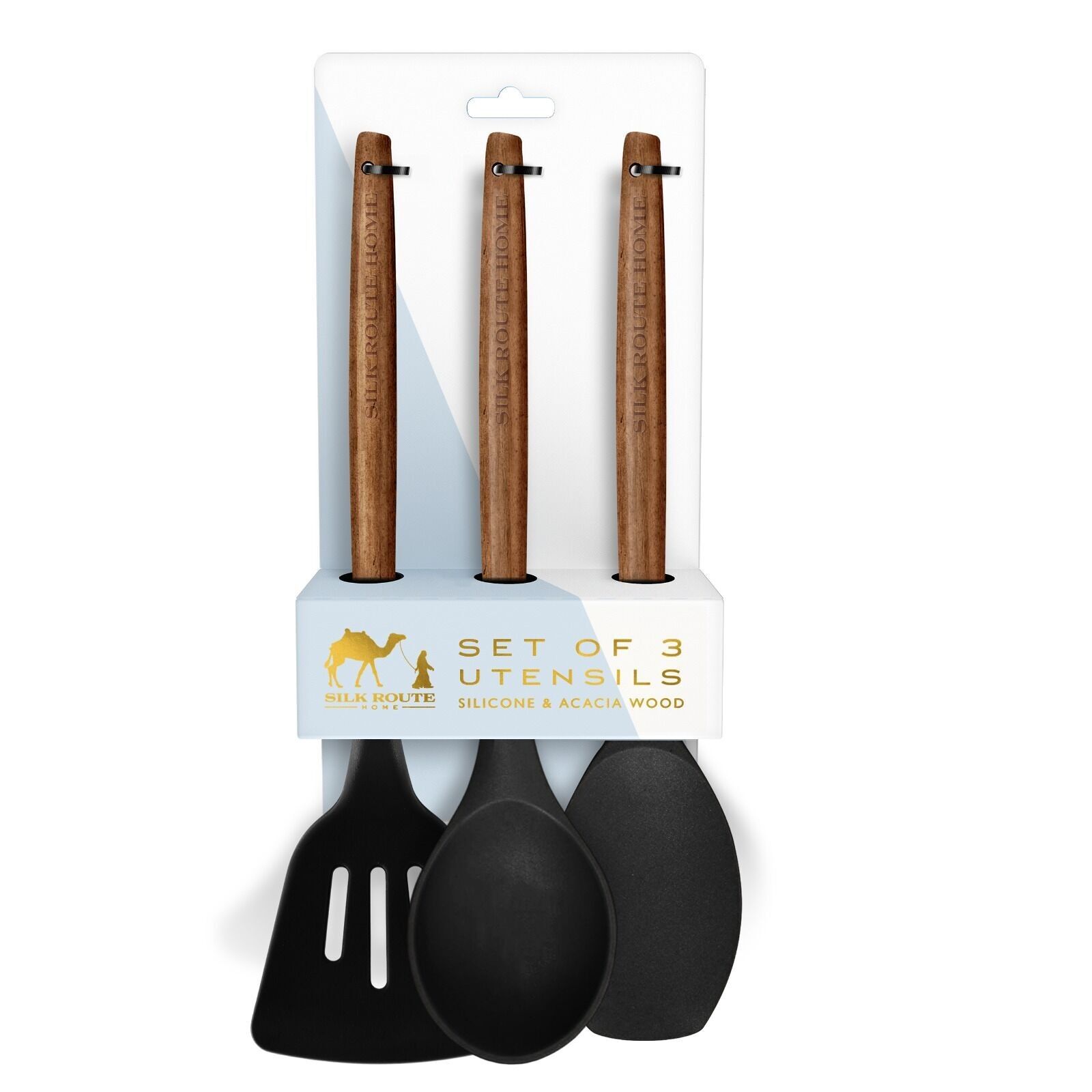 Acacia Wood & Black Silicone Set of 3 Utensils Set