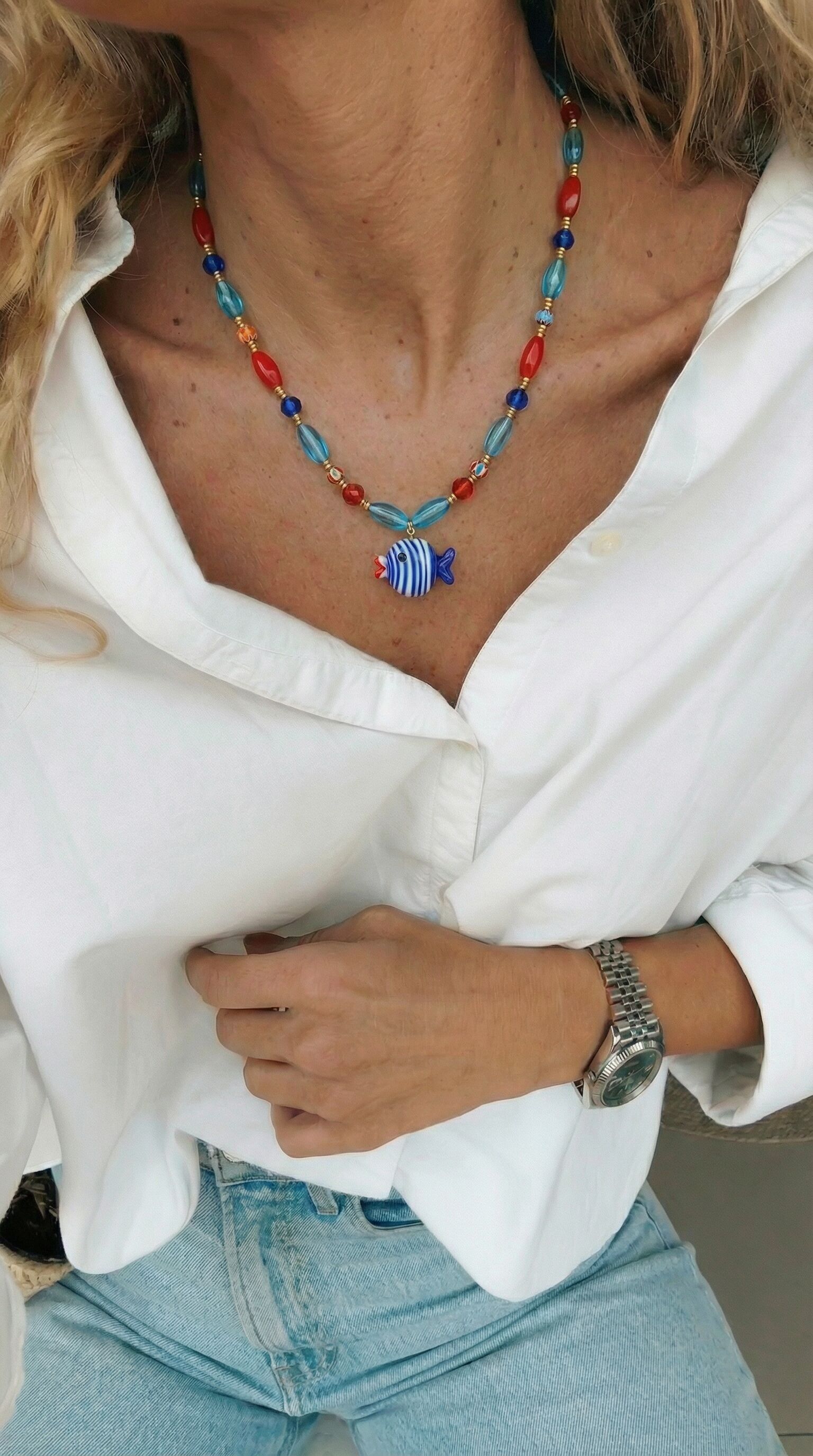 Striped Glass Fish Beaded Summer Necklace