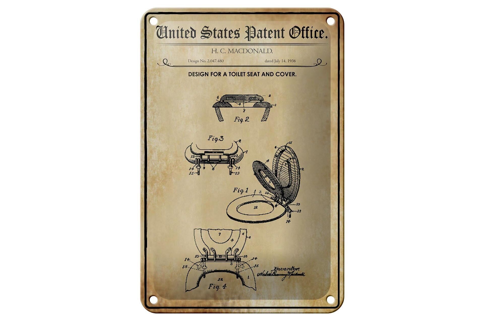 Blechschild Patent 12x18 cm Entwurf für einen Toilettensitz und Deckel Schild